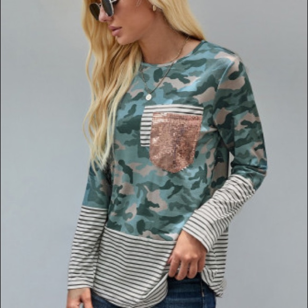 Camo Stripe Pocket Sequins Long Sleeve O-neck Top - Picture 2 of 5